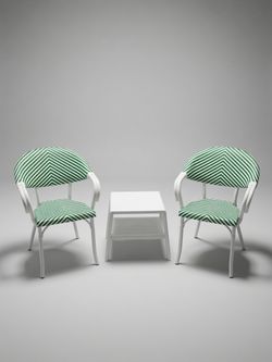 2 Bistro Chairs + Matching Side Table – Green/White Chevron | Outdoor Patio Set