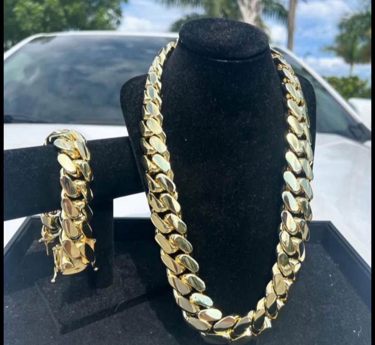 Set Chain & Bracelet 20mm Miami Cuban Link Yellow Gold Plated Chain Necklace 18k & 14k Crab Old School Regular Lock