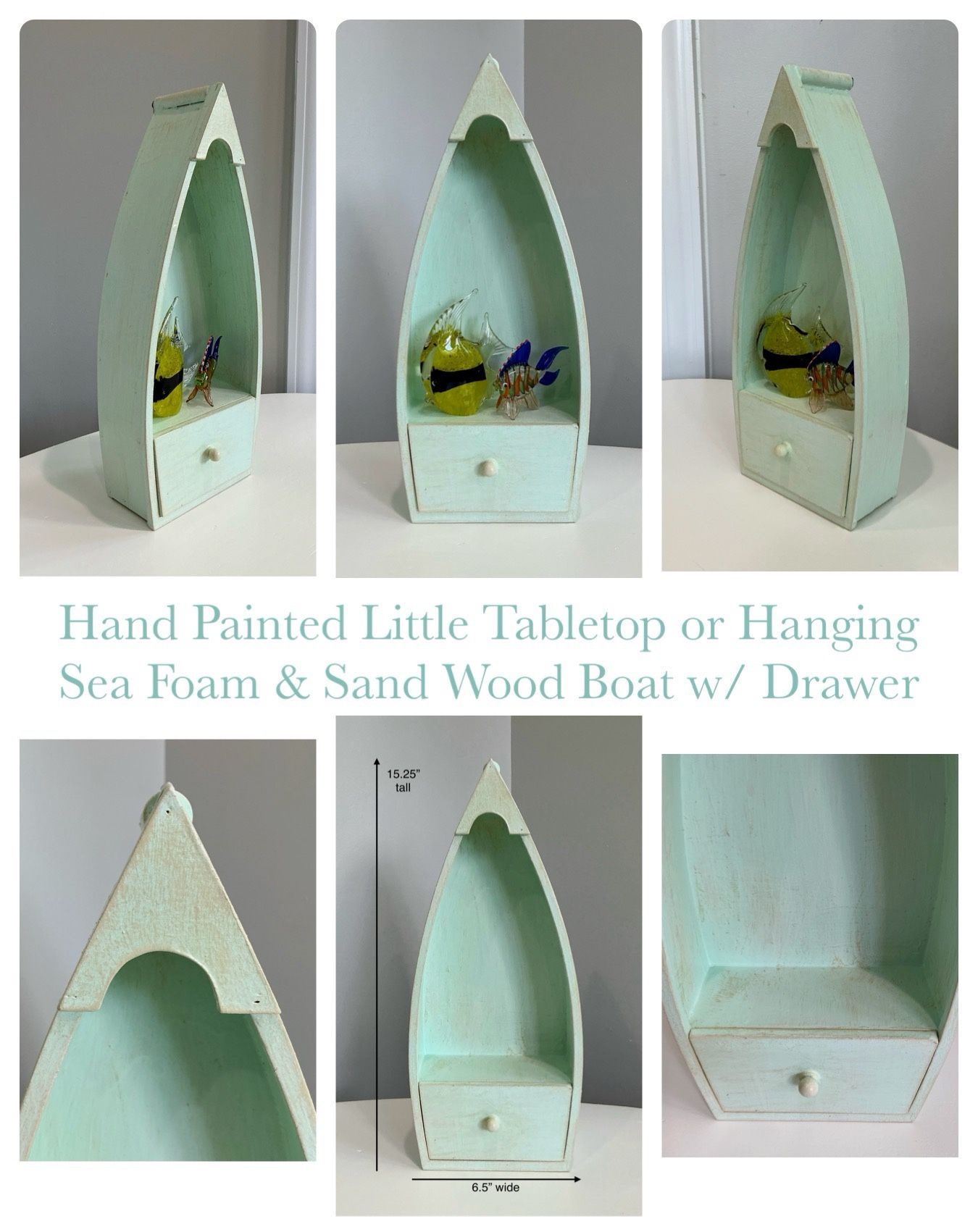 Hand Painted Little Tabletop or Hanging Sea Foam & Sand Wood Boat w/ Drawer