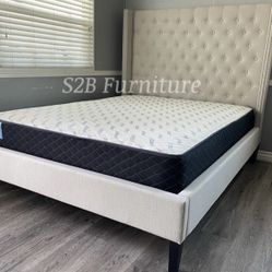 Queen Size Ivory Tufted Bed W Ortho Mattress 