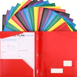 Two packs of 24 plastic folders each, with 3 prongs, assorted colors.