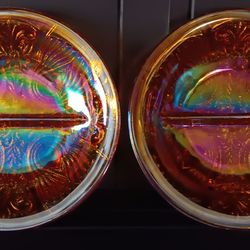 Set Of Marigold Carnival Glass Divided Dishes Killarney Pattern Indiana Glass.