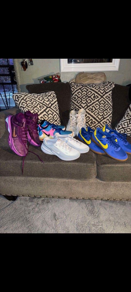 Nike Shoes 6 Pairs  Blue 11&11 5  Purple 11.5. Blue & Pink 9.5.  White Women 10. White Boot 8.5