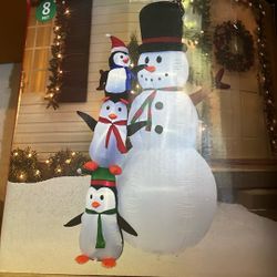 Snowman With Penguins 8 Feet