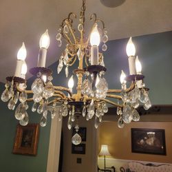 Antique/vintage 10 Arm European Brass And Crystal Early 1900s  Victorian Style Chandelier 