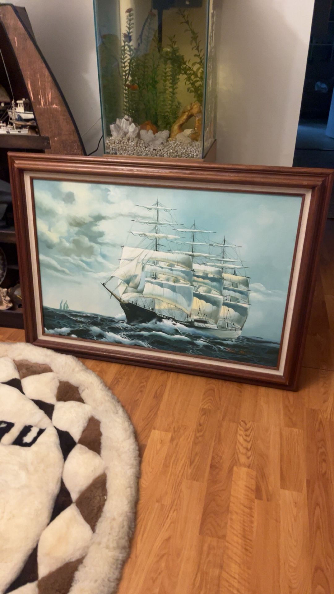 Vintage battle Ship oil painting signed by June Nelson