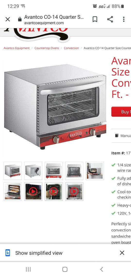 Avantco CO-14 Quarter Size Countertop Convection Oven, 0.8 Cu. Ft