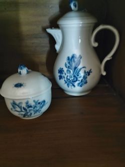 Blue and White Floral Porcelain Teapot and Sugar Bowl