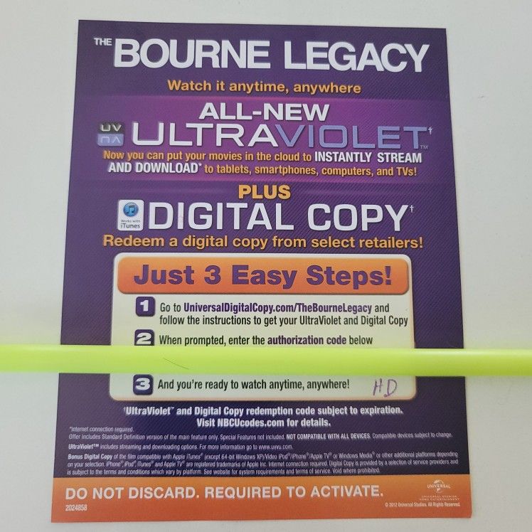 $4 DIGITAL HD MOVIE. THE BOURNE LEGACY. $4 OR TRADE FOR A MOVIE TITLE I DO NOT ALREADY OWN.