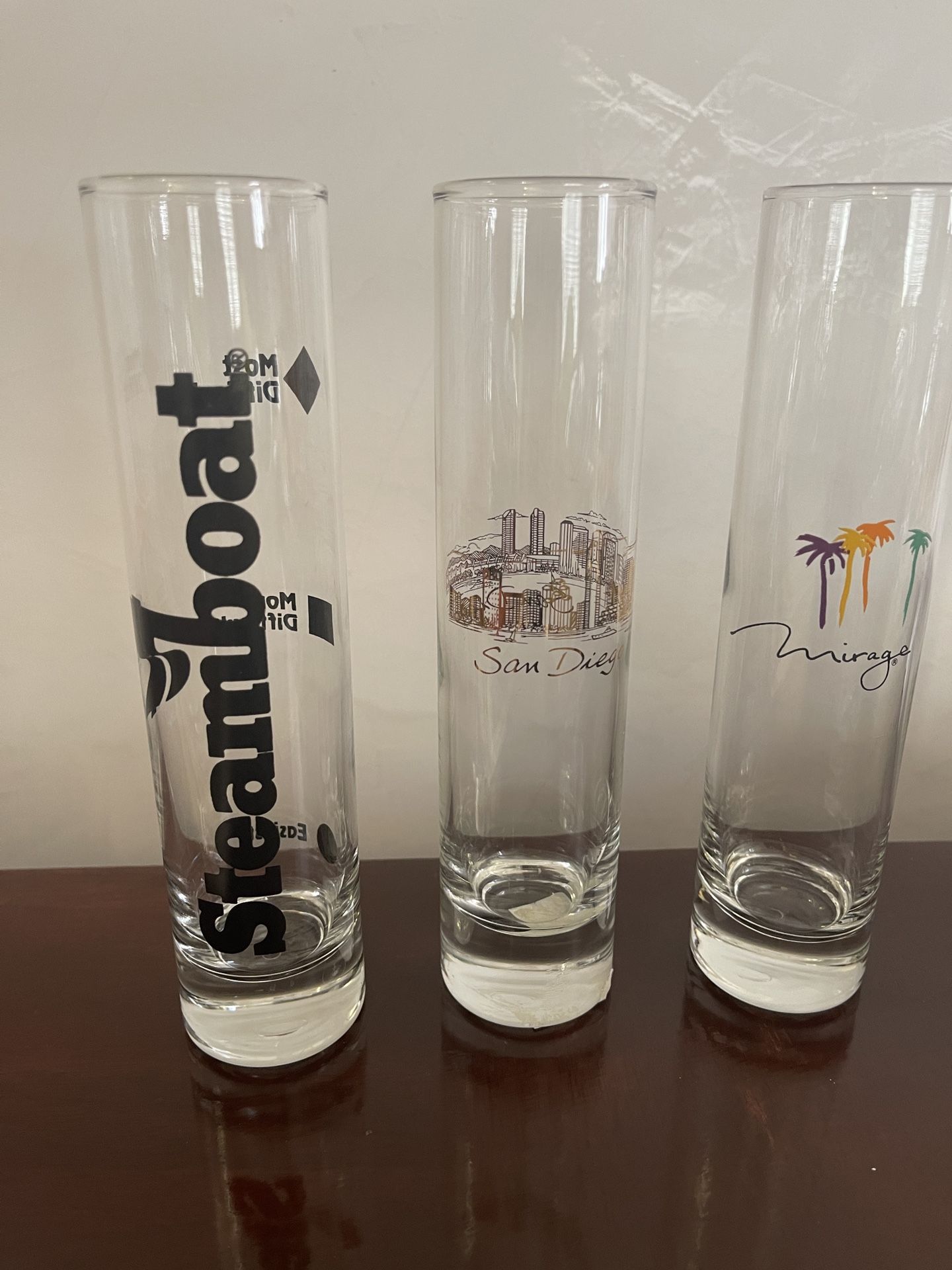 Vintage Taller Shot Glasses, Steamboat, San Diego And Mirage, $10 Each Or All 3 For $20