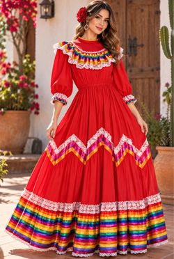 Red Mexican Folkloric Dress with Rainbow Trim S-M