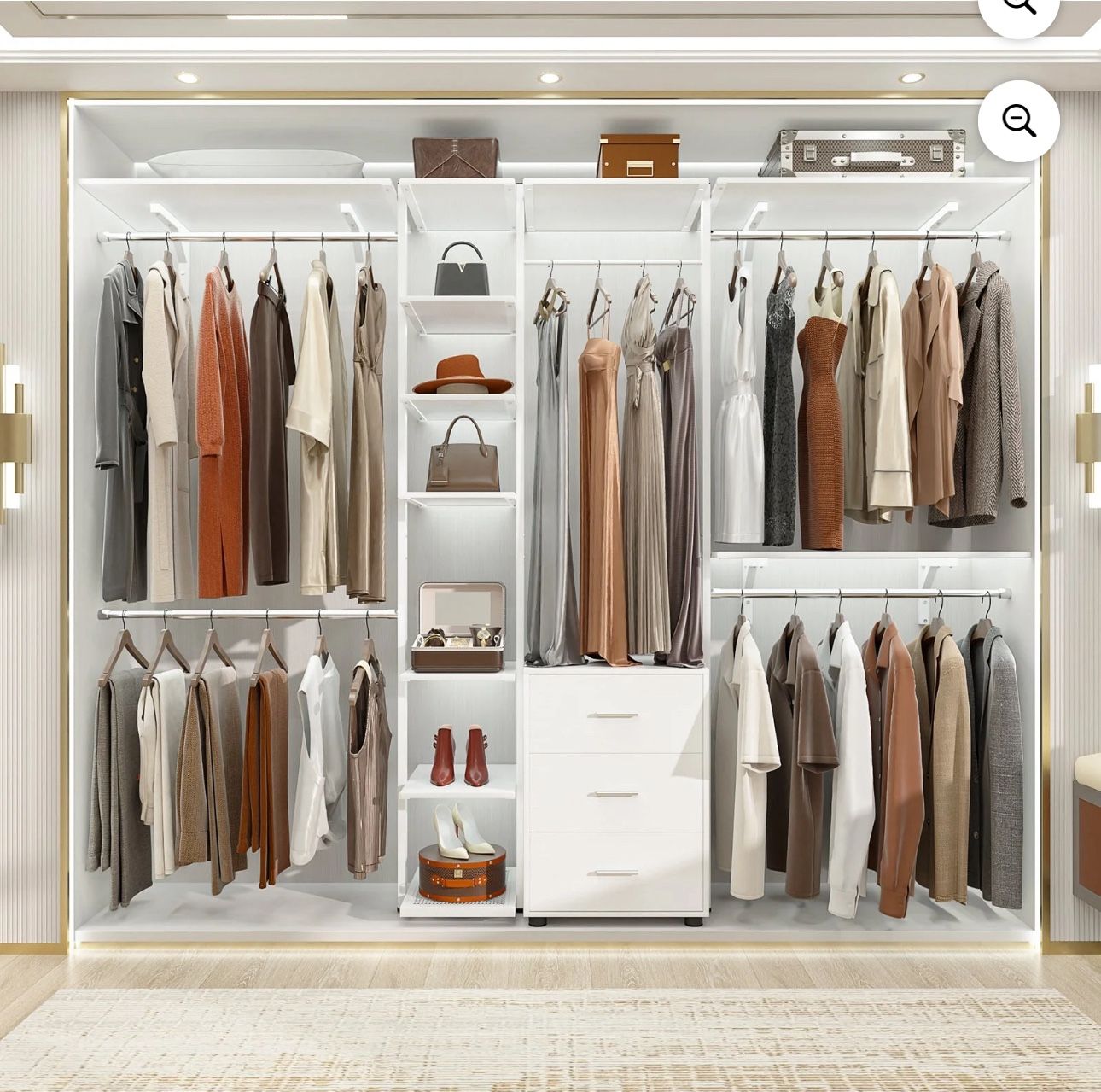 Closet System with Drawers, Closet Organizer System Storage with Shelves, 96'' Walk-in Closet with 5 Hanging Rods, Heavy Duty Wall Mounted Clothes War