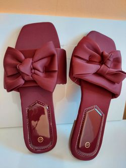 Burgundy Bow Flat Slide Sandals Size 41