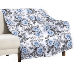 Flowers Blanket Blue Rose Floral Gray Leaves Natural Plants Modern 50x60inch