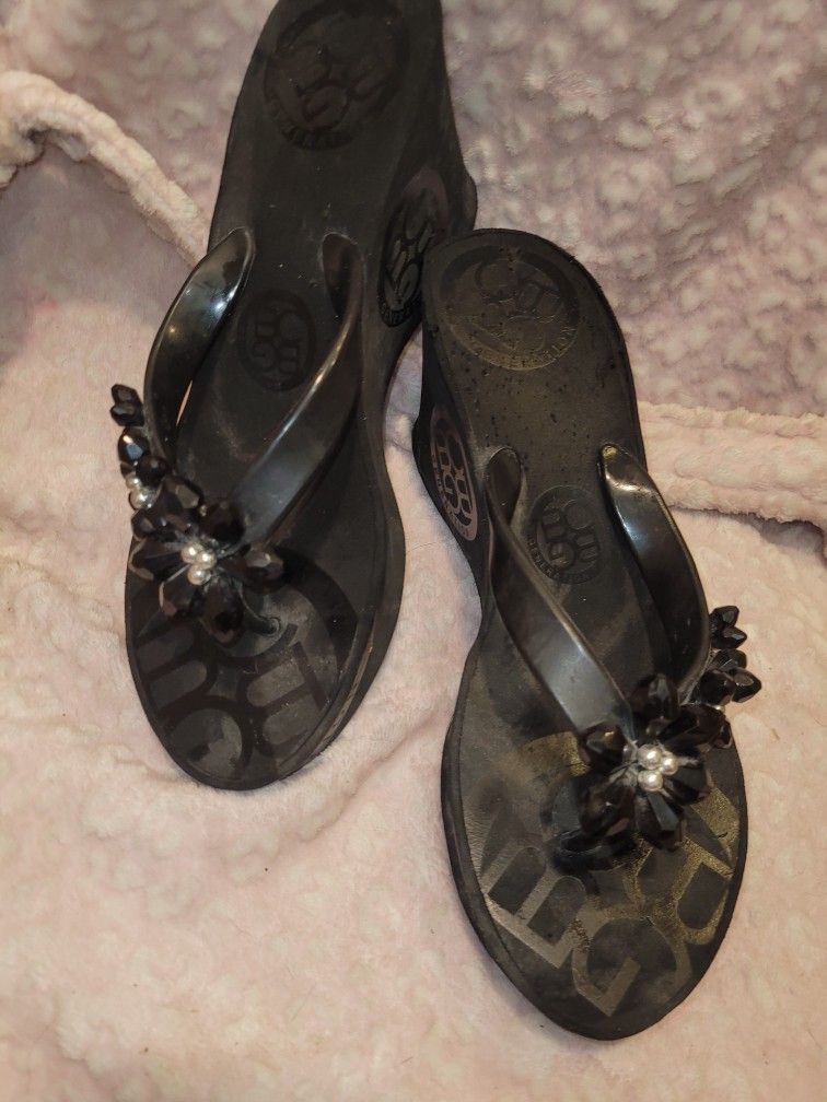 Shoes. BCBG Sandals, Wedges. Very Cute And Comfy. Worn Maybe Twice. Has Flower Made with Pearl's And Beads On Top. 