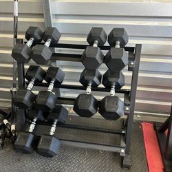 New pair of 25,30,40,50,60lb rubber dumbbells with rack. All new in box 📦  $485