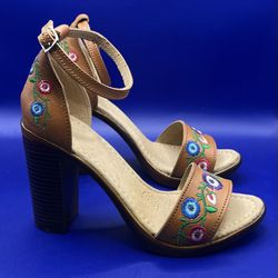 Camila Solei Floral Heels Mexican Artisanal Genuine Leather, Size 6 Handmade