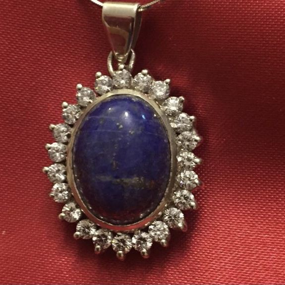 Handmade Lapis lazuli with Simulated Diamonds and Silver Pendant