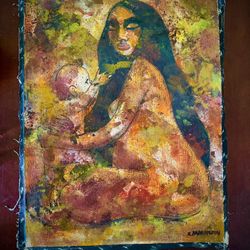 ORIGINAL ROBERT FARRINGTON OIL MOTHER & CHILD SIGNED LISTED ARTIST EXPRESSIONIST