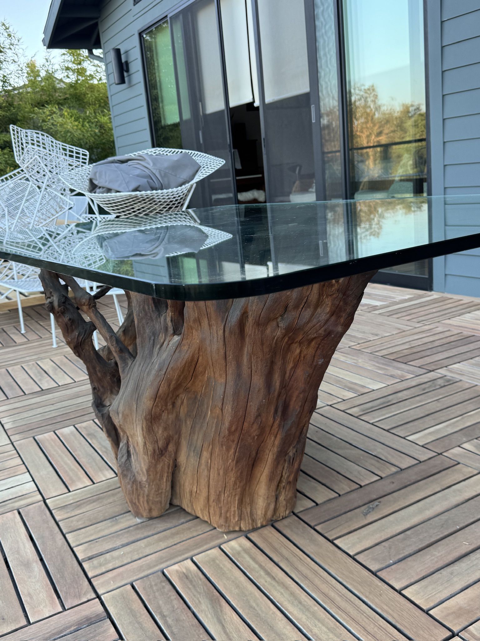 Outdoor Indoor Teak Stump and Glass Dining Table 