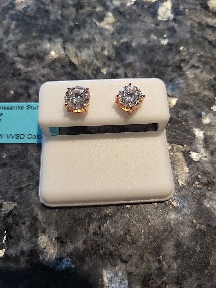 925 Moissanite Stud Earrings 7mm 14k Rose Gold Plated Over 925 Silver