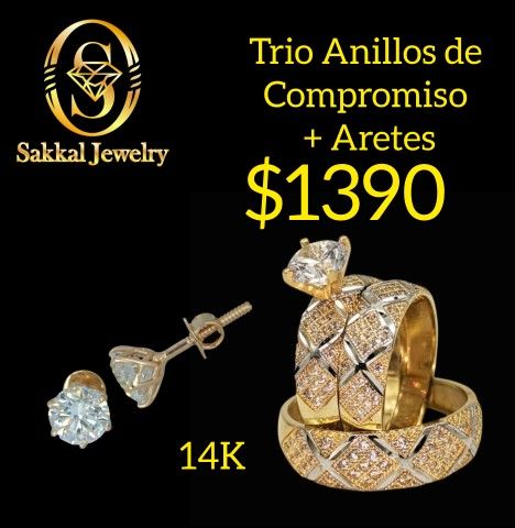Oro 14K. Set Trio De compromiso Con Aretes. Hacemos Envios. Somos joyeria
