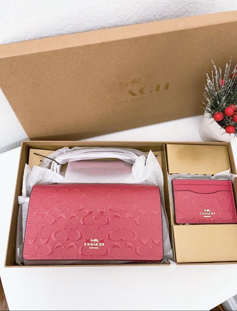 Coach Boxed Anna Foldover Clutch Crossbody And Card Set In Signature Leather