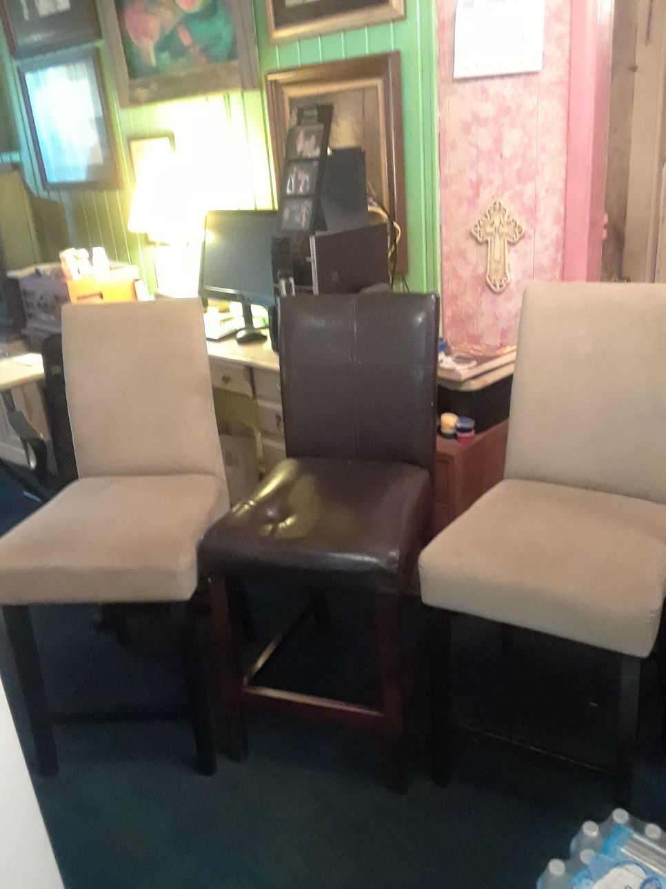 High back bar stools a set of three two cloth and one vinyl 24" floor to seat used but in good condition