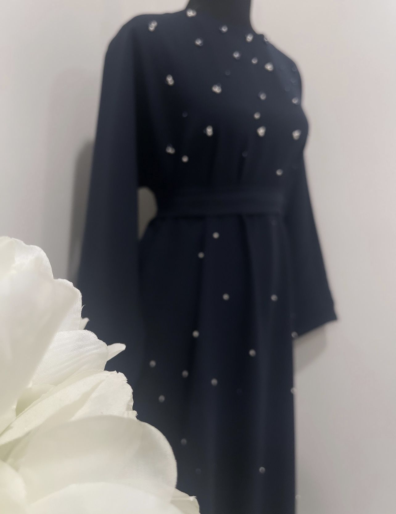 Long Modest Pearl Gown Navy Blue - Belted -