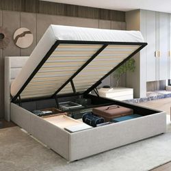 Queen Size Lift Up Hydraulic Storage Bed Frame, Platform Bed with Fabric Upholstered Wingback Headboard, No Box Spring Needed, Beige