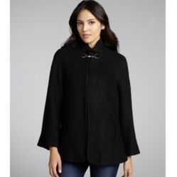 BETSEY JOHNSON Black Wool Boucle Mock Neck Button Up Winter Cape Swing Coat