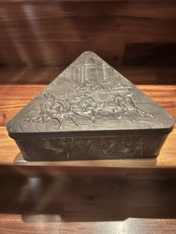 Triangular Tin Box with Neoclassical Roman Chariots.