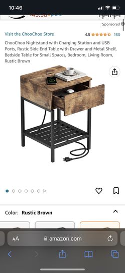 ChooChoo Nightstand with Charging Station and USB Ports, Rustic Side End Table with Drawer and Metal Shelf, Bedside Table for Small Spaces, Bedroom, L