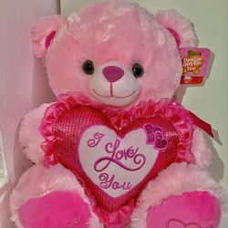 16” BRAND NEW PINK FLUFFY TEDDY BEAR SAYING “I LOVE YOU”