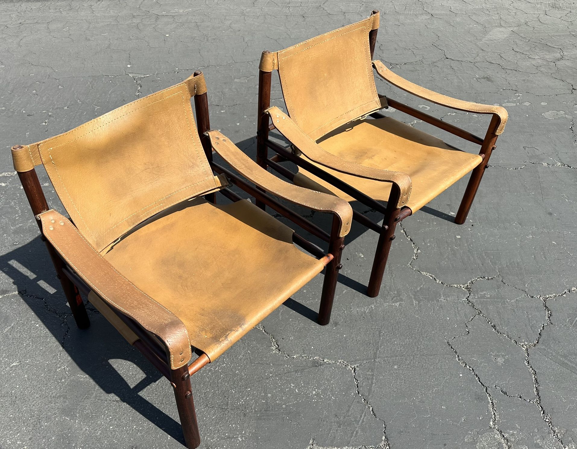 Mid Century Arne Norell Sirocco Safari Lounge Chairs Leather & Rosewood 2 Available