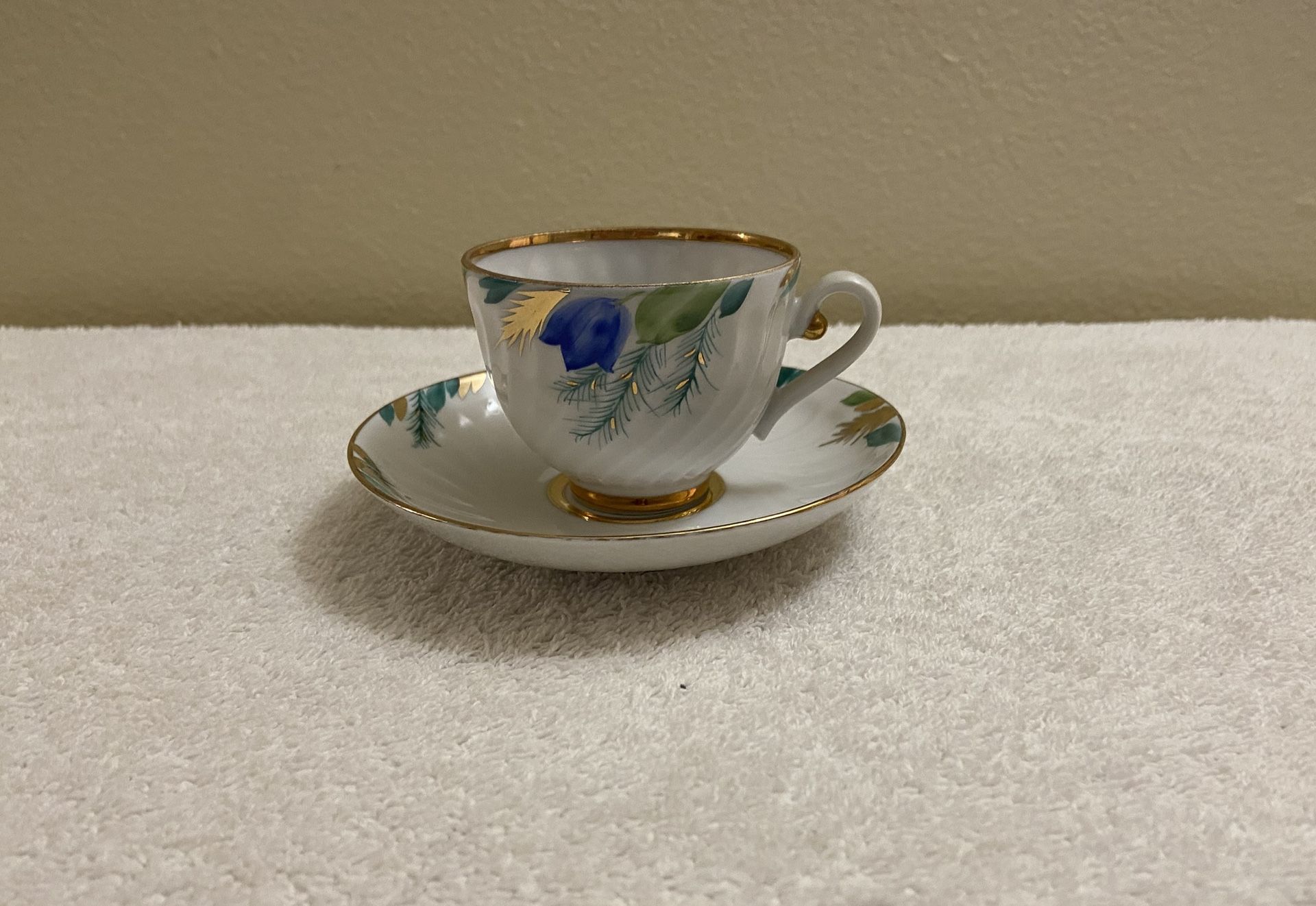 Vintage Lomonosov Cup & Saucer - Green, Blue, & Gold