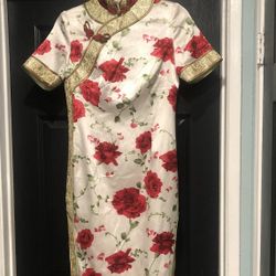 Chinese Formal Dress Red Rose Pattern Silk W/ Silk Lined, Size Small Asian High Collar Fancy Gold Trim, Formal Dress Prom Cocktail Silk