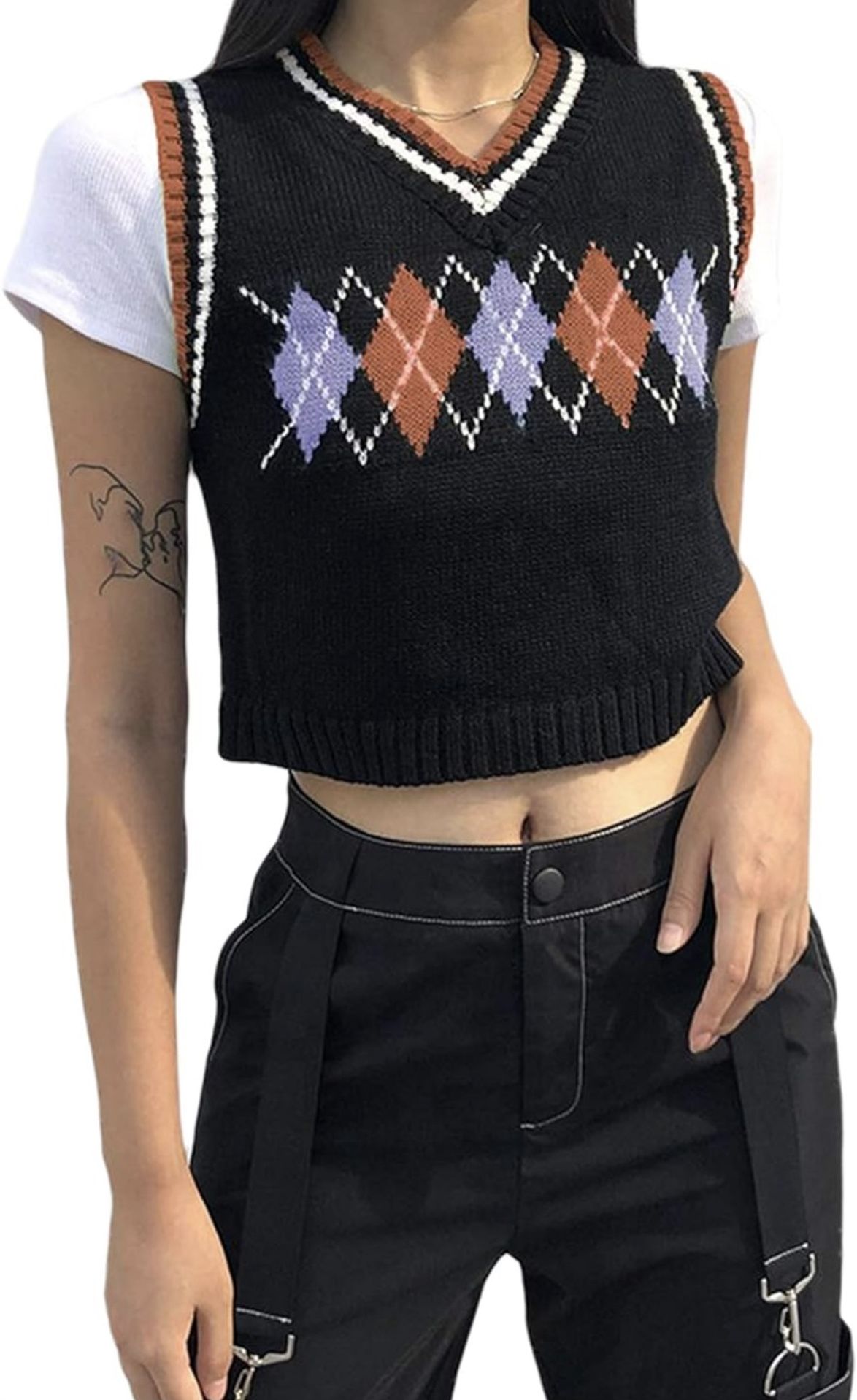 Yingzhen Women's Knit Sweater Vest Y2K Argyle Plaid E-Girls Preppy Style 90s Sleeveless Crop Knitwear Tank Top Streetwear