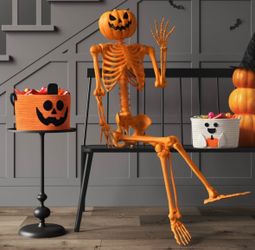 5ft Orange Posable Skeleton w/Pumpkin Head Decoration