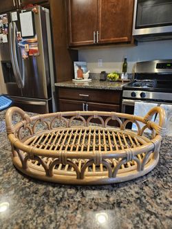 Vintage Boho Bamboo/Rattan Tray with Handles