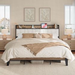 California King Bed Frame with Storage Headboard & Charging Station Rustic White and Cream Upholstered Platform Bed Frame, Sturdy Noise-Free Metal Sup