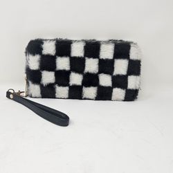 Claires Black and White Checkered Faux Fur Wristlet Clutch