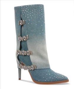 Denim & Rhinestone Thalia Sodi Nami Stiletto Boots ~ NEW