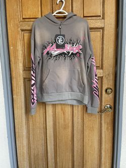 Hellstar Flame Hoodie Gray Pink Moon Graphic Pullover Sweatshirt Size S NWT