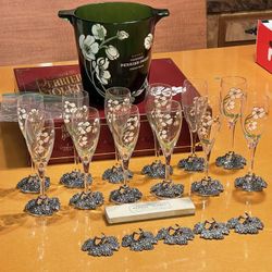 Perrier Jouet  12 Hand Painted Glasses With Rose Mount Glass Weights, Glass Hand Painted Champagne Bucket And 12 Marque-verres Glass Markers