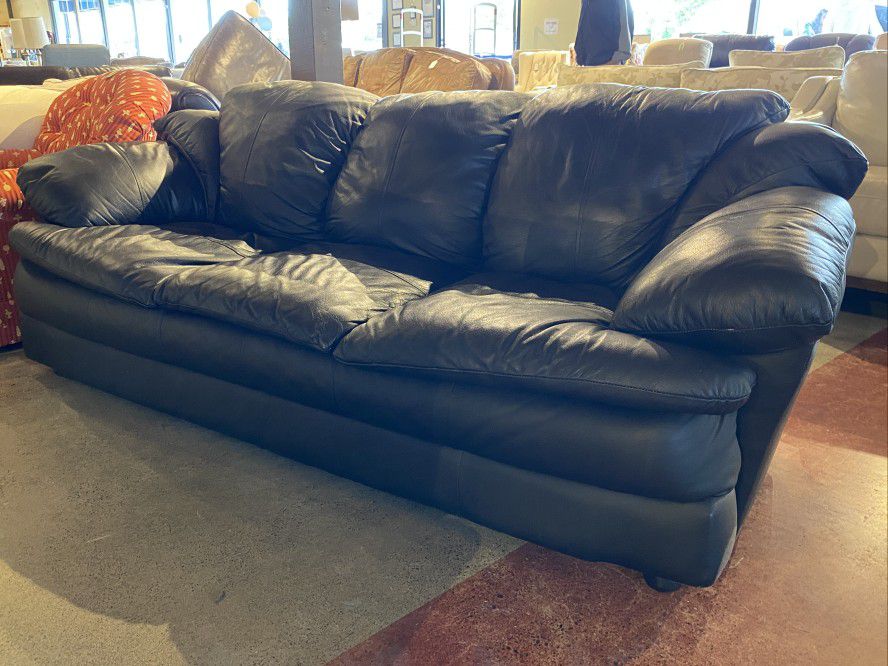 Overstuffed Black Faux Leather Sofa

