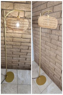 Gold Arc Floor Lamp with Rattan Shade