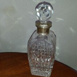 Marked Silver Collar Heavy  Cut Glass Decanter 