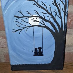 Cat and Dog on Swing Acrylic Painting 