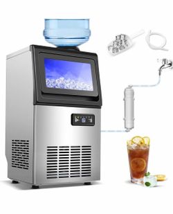 T) Commercial Ice Maker, 110 lbs/24H, 2 Water Inlet, 22 lbs Storage Under Counter Ice Maker, 40 Cubes in 12 Mins, Auto Self-Cleaning, Freestanding Ice